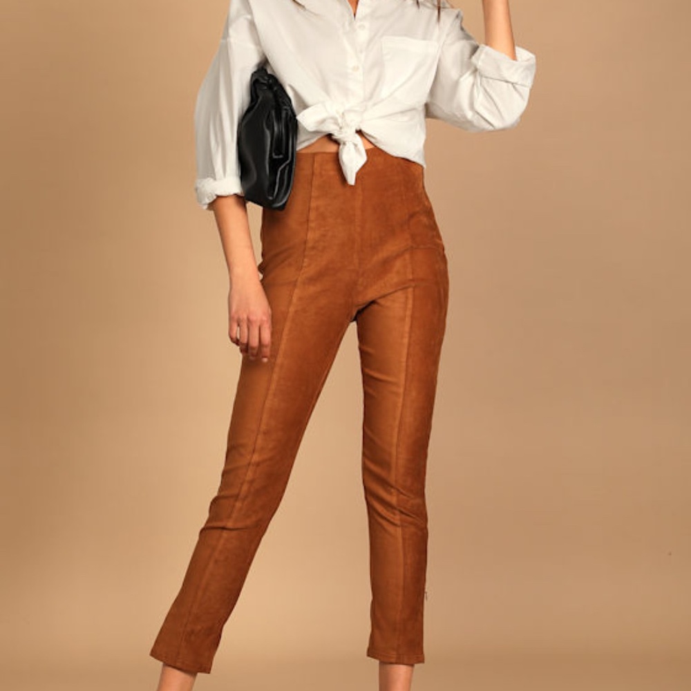 Lulus Dear Friends Camel Vegan Suede High Waisted Pants Brown - Size S